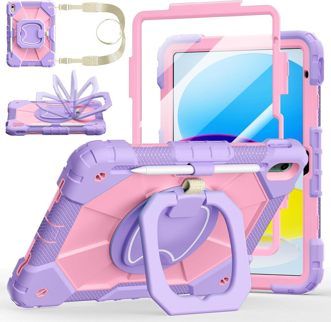 Case for iPad 11th Generation 11" (A16) 2025,iPad 10th Generation 10.9" 2022,Shockproof Cover for Kids with Screen Protector,Rotating Stand,Pencil Holder,Shoulder Strap