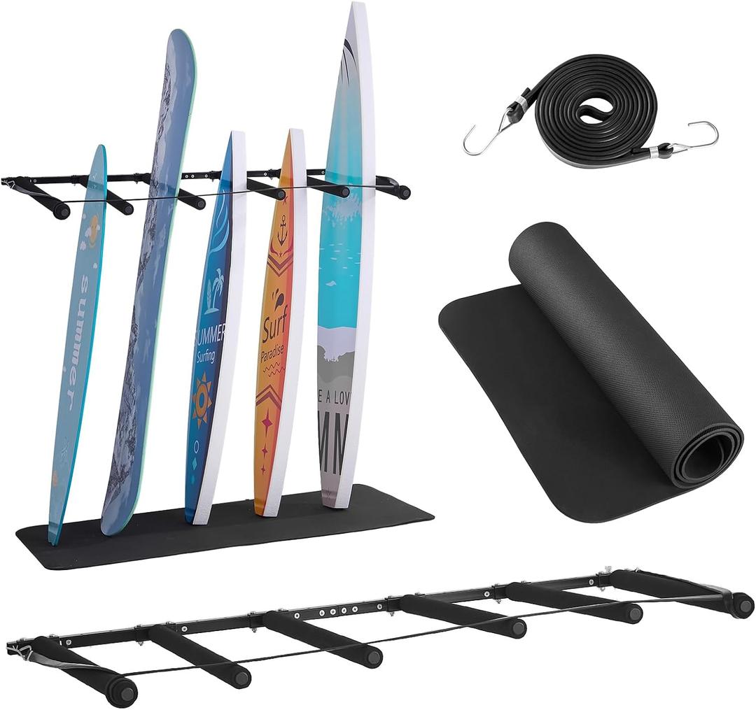 VEVOR Surfboard Wall Mount, 6 Arms Vertical Surfboard Rack, Space-Saving Paddle Board Holder with Rubber Mat, Paddle Rack for SUP, Ski, Skateboards, 22.05"D x 45.28"W x 1.38"H