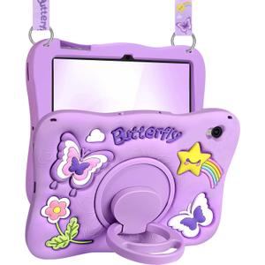 Kidcube for Galaxy Tab S10 FE Case, for Samsung Galaxy Tab S9 FE Case 10.9" - Girls Cute Kawaii Girly 3D Purple Butterfly Design Cover with Rotating Stand & Strap Unique Silicone Women Tablet Covers
