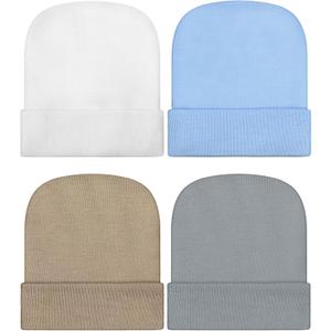 Geyoga Newborn Girl Boy Hat Newborn Beanie Stripes Hat Toddler Soft Caps Infant Cotton Knit Caps for Baby 0-6 Months (White, Clay, Ice Blue, Gray)