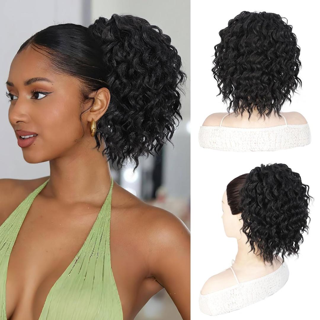 QGZ Black Drawstring Ponytail Extension for Black Women 10 Inch Short Curly Synthetic Hairpiece Fluffy Lightweight Heat Resistant Pony Tail for Daily Party