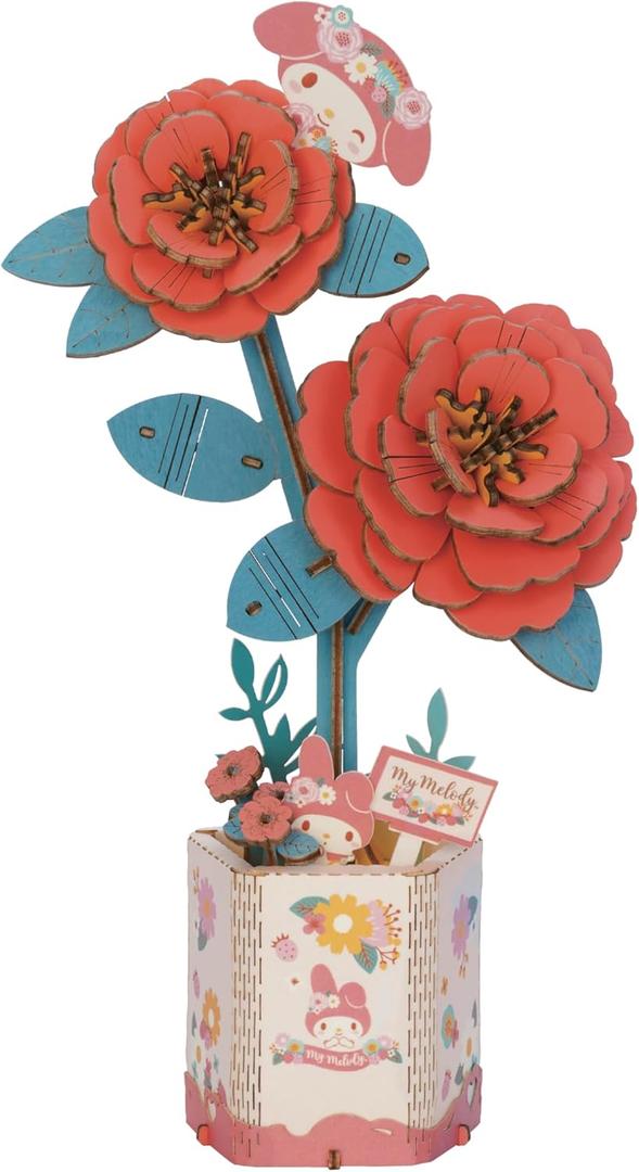 Hands Craft Hello Kitty and Friends My Melody Red Camellia 3D Wooden Puzzle Kit | DIY Flower Model | Arts & Crafts for Adults & Kids | Creative Hobby Kits | Wood Building Set | Unique Gift