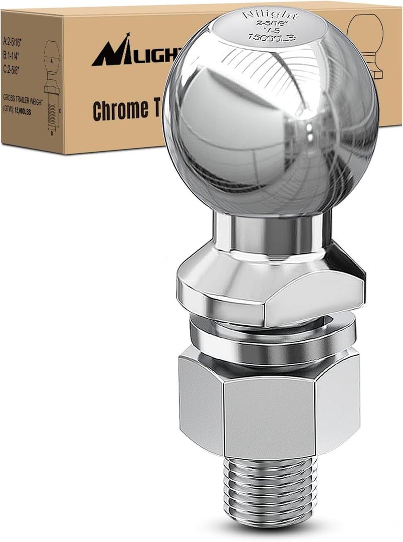 Nilight 2-5/16-Inch Diameter Chrome Trailer Hitch Ball, 15,000 lbs, 1-1/4 x 2-5/8-Inch Shank Universal Fit,Gray