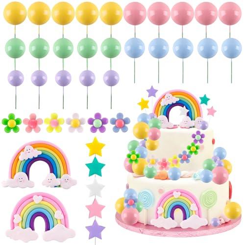 Morofme 38pcs Rainbow Cake Topper Rainbow Themed Cake Decorations Colorful Cakes Decoration Pastel Daisy Flower Balls Cupcake Topper for Baby Shower Girl Birthday Party