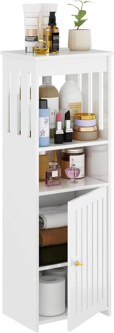 POBOMULI Narrow Bathroom Storage Cabinet, 5Tier Slim Bathroom Organizers with Door and Open Shelf for Toilet Bathroom Small Spaces (7.9" D x 9.8" W x 31.5" H)