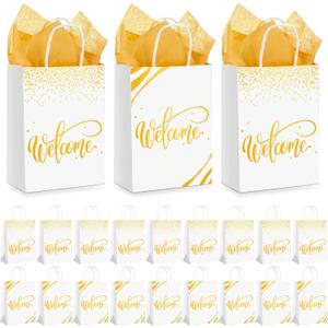 Kosiz 50 Sets Welcome Gift Bags Bulk with Handles and Tissue Paper Welcome to Our Church Kraft Paper Bags for Guests Hotel Wedding Church Visitors Birthday Party Supplies(White)