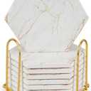 Coasters for Drinks with Holder, Absorbent Marble Coaster Set of 8, Ceramic White and Gold Coasters for Coffee Table,Housewarming Gift,Tabletop Protection, Home Decor (Design 2)