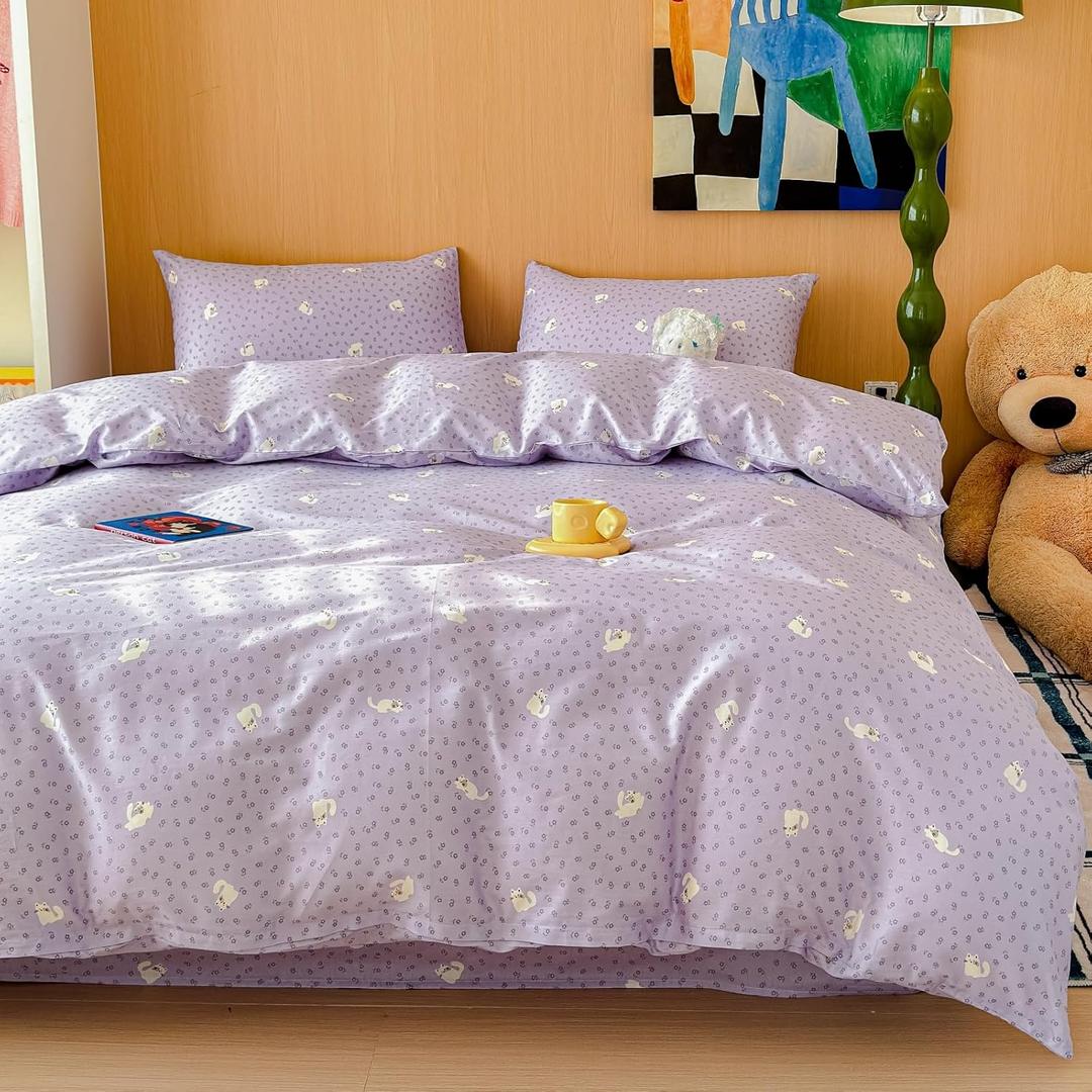 LIWHENHAO Cat Duvet Cover Set Queen 100% Cotton Bedding White Pet Cat Purple Garden Flower on Violet 1 Kawaii Cartoon Animal Comforter Cover Full 2 Pillowcases for Kids Girls Boys Woman