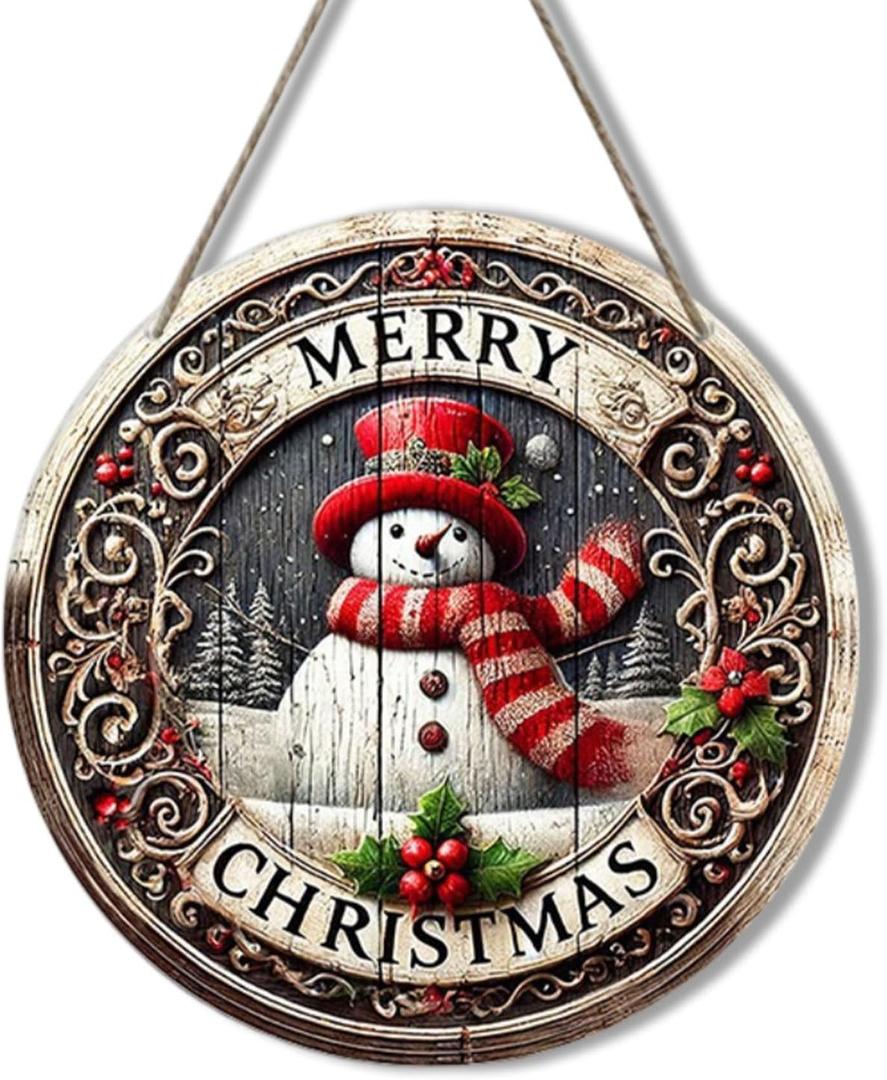 Christmas Wreath Wooden Merry Christmas Snowman Front Door Sign Xmas Holiday Outside Porch Decor with Retro Snow Scenery Design Winter Farmhouse Rustic Wooden Wreath Indoor Wall Hanging Decoration (Christmas Styl 13)