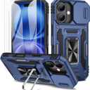 Maxdara Case for iPhone 16 with Stand, Built-in 360Rotating Kickstand & Tempered Glass Screen Protector Shockproof Protective Case for iPhone 16 6.1 inch, Navy Blue