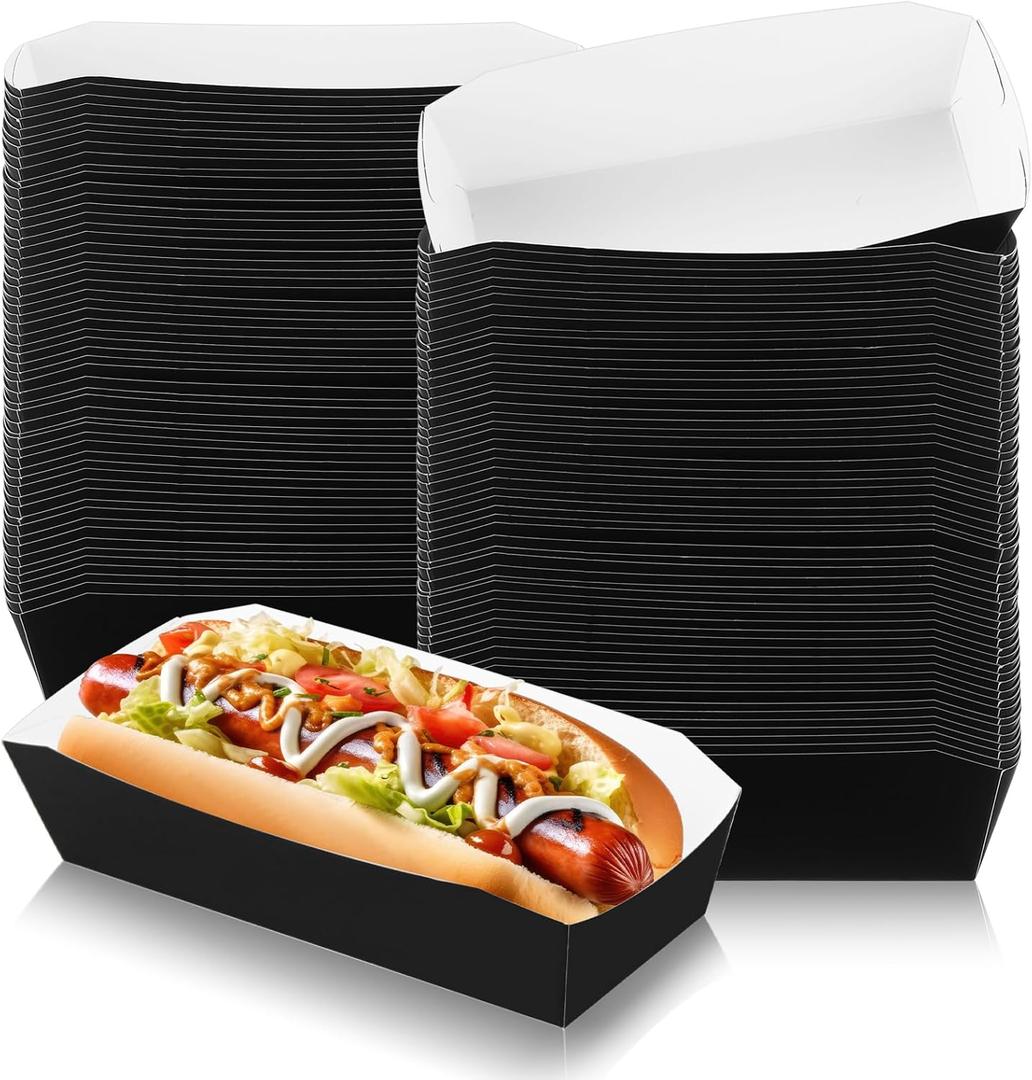 Yeaqee 100 Pcs 7" Paper Hot Dog Trays Disposable Paper Food Nacho Boats Hot Dog Holders Food Plates Disposable Serving Trays for Carnivals, Parties, Dinner, Cookouts(Black)