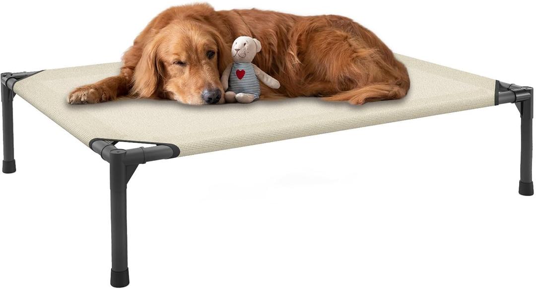 FIOCCO Elevated Dog Bed - Dog Cot with Chew Proof Mesh for Medium Dogs, Waterproof Washable Raised Pet Bed, Portable Pet Bed for Outdoor Use, Dogs Cot Beds, Beige