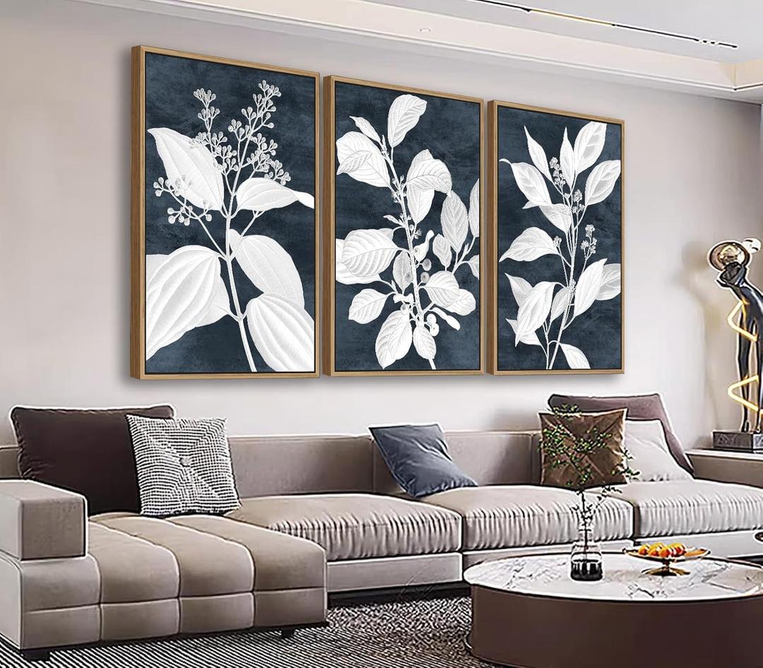 Large Botanical Wall Art for Living Room Natural Wood Float Framed Art Set of 3 White Plant Canvas Pictures Minimalist Artwork Indigo Canvas Prints for Bedroom Home Office Wall Decor 32"X48"X3