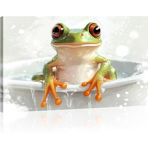 Frog Canvas Wall Art Bathroom Wall Decor Funny Frog in Bathtub Picture Animal Painting Prints Modern Bathroom Artwork Toilet Home Decor Framed - 16.00x24.00 inch