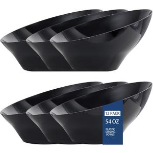 BUCLA 12 Pack Black Plastic Serving Bowls - 54 OZ Angled Bowls Disposable for Chip&Candy - Party Table Salad and Fruit for Party, Wedding & Graduation