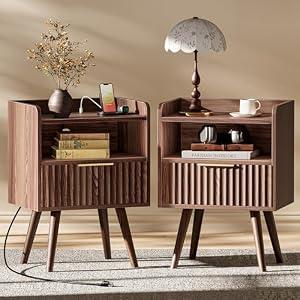 Huuger Nightstand with Charging Station, USB-C Port, Fluted Night Stand Set of 2, Bed Side Table with Drawer, Solid Wood Feet, Open Storage, End Table with Raised Edge, for Bedroom, Walnut