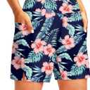 G Gradual Women's 7" Long Swim Board Shorts High Waisted Quick Dry Beach Swimming Shorts for Women with Liner Pockets (X-Large, Navy Flower)