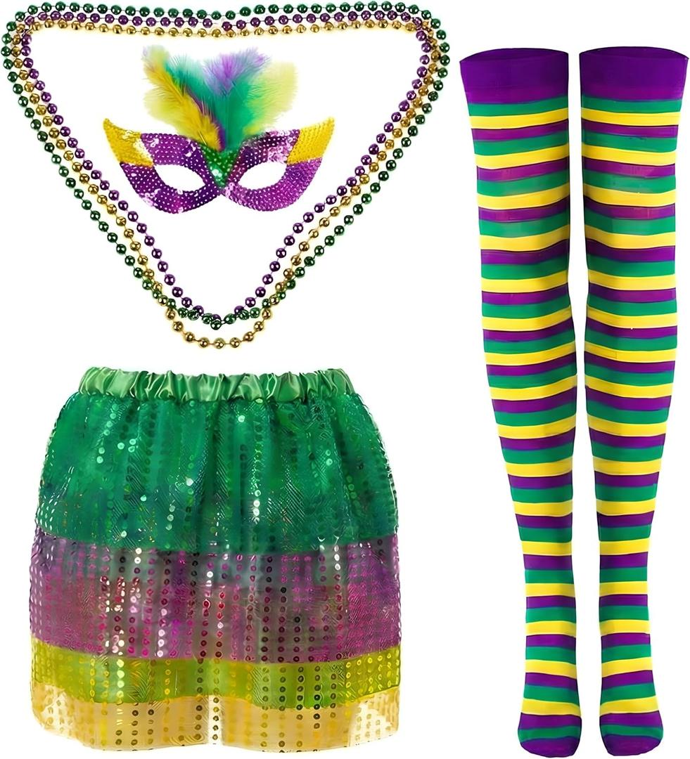 Syhood 6 Pcs Mardi Gras Costume Set, Sequined Tassels Tutu Skirt, Faux Feather Pattern Half Mask, Necklace and Long Socks (Small)