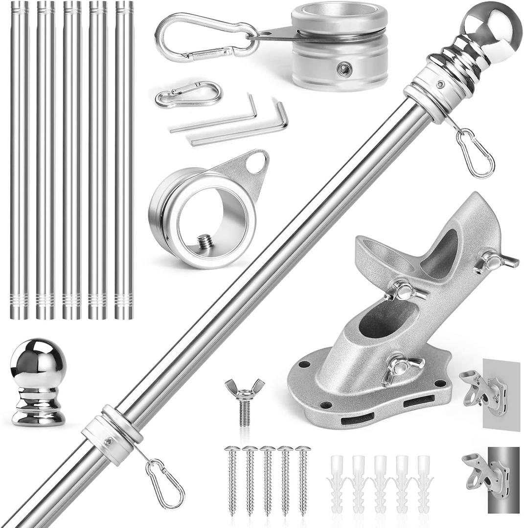 Anovo Flag Pole Kit- Stainless Steel 6 FT Flag Poles with1 Inch Metal 360 Rotating Flag Pole Rings Clip, Two-Position Flag Pole Holder Brackets Mounting for Outside House Outdoor Porch (6 FT-Sliver)