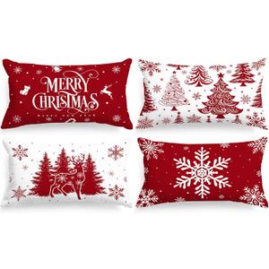 Lanpn 12x22 Red Christmas Pillow Covers Set of 4, Lumbar Pillowcase, Winter Decorative Pillow Case, Merry Christmas Tree Cushion for Indoor Home Bedroom Sofa Xmas Couch Decor