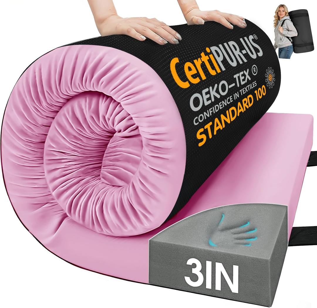 CYMULA Memory Foam Camping Mattress Pad,Sleeping Pad for Camping,Non-Slip Bottom Floor Car Mattress Bed with Retaining Portable Roll up Mattress Pad Mat for Travel Truck Guest Bed Tent, Pink Single:75*30*3