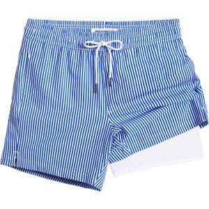 maamgic Mens Swim Trunks with Compression Liner 5" Stretch Beach Shorts Quick Dry with Zipper Pockets No-Chafing Board Shorts (Medium, Dark Blue White Stripe)