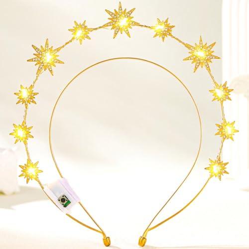 DRESBE Light Up Greek Goddess Headband LED Baroque Star Crown Headbands Glow Rhinestone Hair Accessories for Women (Gold)