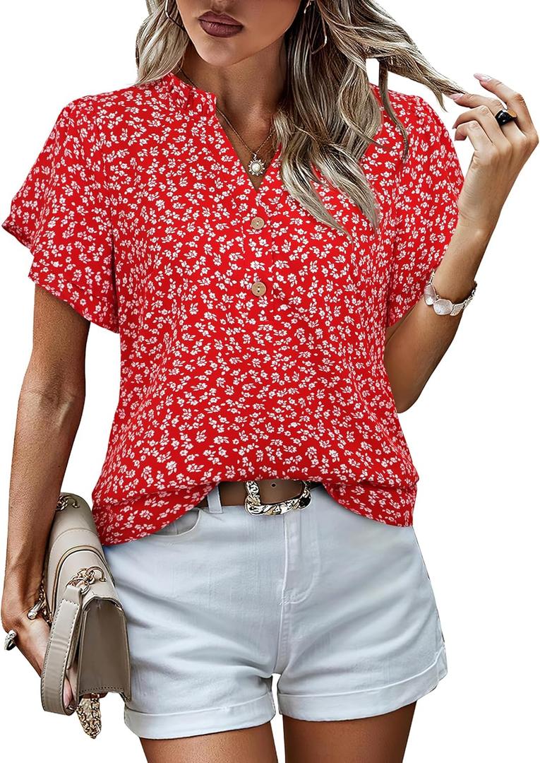 LOOKBOHO Womens Tops Dressy Casual Trendy Business Work Blouses Short Sleeve Ruffled V-Neck Tshirts (Large, Red Floral)