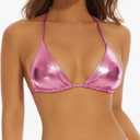 Halter Metallic Crop Top Shiny Triangle Bralette Rave Bra Swimsuit Top Pink M
