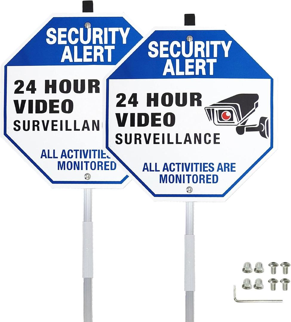 Security Alert 24 Hour Video Surveillance Yard Sign with Stake, Reflective Metal CCTV Warning Sign Outdoor, Blue, 10 x 10 inch, 2 Pcs