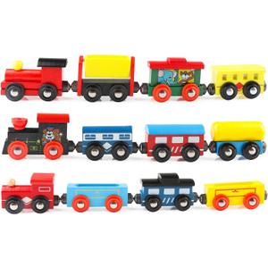 Wondertoys Wooden Train Cars 12 PCS Magnetic Train Sets Includes 3 Engines and Storage Bag - Wooden Train Set for Toddlers Compatible with Major Brands Train Set Tracks - Trains for Train Table