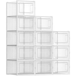 SONGMICS Shoe Boxes, Pack of 12 Shoe Storage Organizers, Stackable Clear Plastic Boxes for Closet, Sneakers, 9.9 x 13.7 x 7.4 Inches, Fit up to US Size 13, Transparent and White ULSP12MWT
