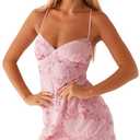 calbatic Women Sequin Sparkly Rhinestone Mini Dress Sleeveless Backless Deep V Neck Glitter Short Cami Dress Party Clubwear Pink, Small