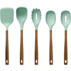 5-Piece Silicone Kitchen Utensil Set with Acacia Wood Handles, Green