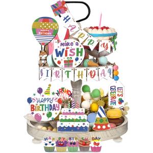 9 Pcs Birthday Tiered Tray Decor Farmhouse Tiered Tray Decor for Birthday Colorful Party Supplies Wooden Happy Bday Table Decorations, Cake Style