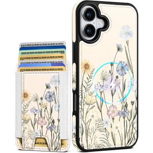 Shorogyt for iPhone 16 Wallet Case - Fits 5 Cards, Compatible with Magsafe Detachable Magnetic Credit Card Holder Leather Cardholder Cute Phone Cover Women Girls for Apple 16, Color Flower