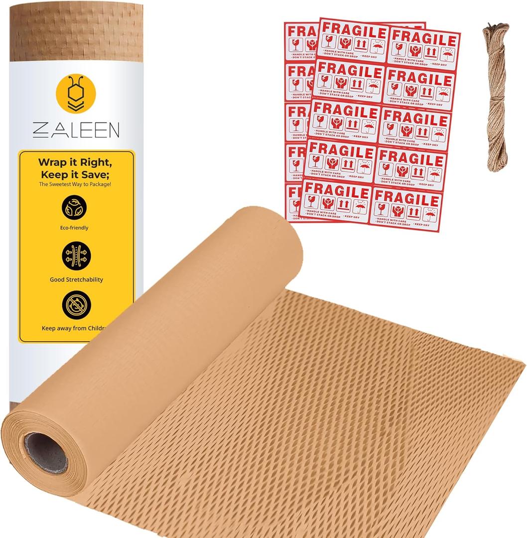 Honeycomb Packing Paper for Moving -15 In x 131 Ft, Shock Proof Brown Wrapping Paper Roll for Shipping With 20 Fragile Stickers & 100Ft Jute Twine