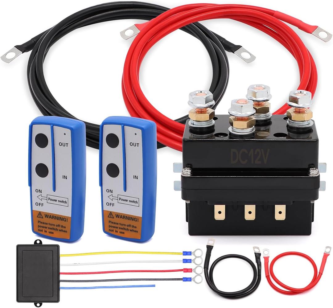 12V 250A Winch Solenoid Relay Contactor with 2Pcs Wireless Remote Controller Kit and 4Pcs Pre-Wires for 2000-5000lbs ATV UTV Truck Winches