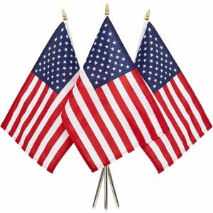 TOPFLAGS 12x18 Small American Flag on Stick 3 Pack Mini US Flags 12x18 Inch Metal Handheld Pole for Outside 4th of July Memorial Day USA 250th Anniversary Patriotic Decorations