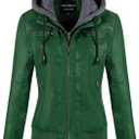 CREATMO US Women's Faux Leather Jacket Waterproof Motorcycle Bomber Jacket Vintage PU Moto Biker Coat With Removable Hood (Green, XL)