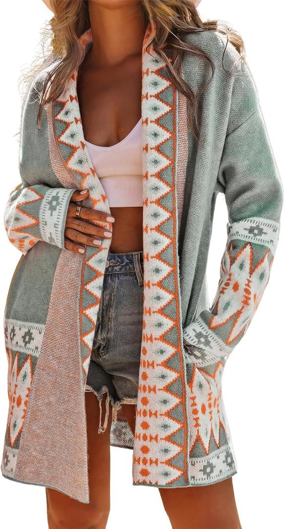 Ebossy Women's Fashion Aztec Print Jacquard Knit Open Front Cardigan Lapel Long Sleeve Boho Graphic Long Sweater Coat (X-Large, Green)