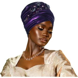Women's African Turban Head Wrap Braid Beanie Cap Headwear Crystals Twisted Head Turbans for Women (Purple)