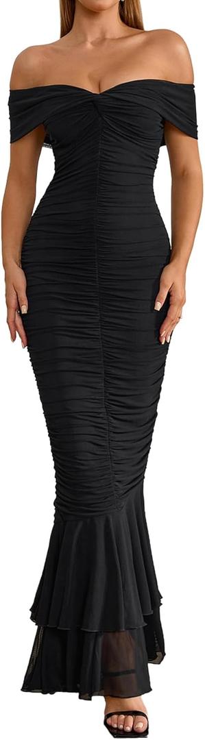 URYIAO Off Shoulder Maxi Dress for Women Ruched Bodycon Formal Wedding Guest Long Dresses (Black, S)