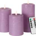 ANGELLOONG Purple LED Candle with Timer, Real Wax Flameless Pillar Candles with Remote, Set of 3 Flickering Electric Battery Operated Candles for Home Decor Halloween Christmas Decoration