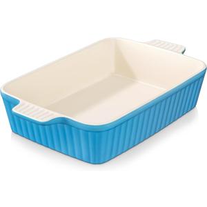 MALACASA 4.4 QT Baking Dish, 9x13 Large Casserole Dish for Oven, Ceramic Baking Pan, Rectangular Lasagna Pan Deep with Handles for Baking, Durable Microwave Oven Safe, Blue, Series BAKE-BAKE