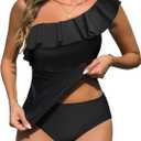 Yonique Women's Two Piece Swimsuits One Shoulder Tankini Tummy Control Bathing Suits Ruffle Swimwear (Black), XS