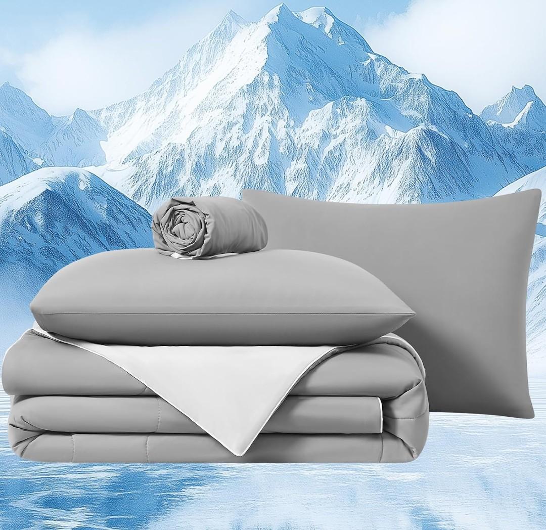 Quataly Cooling Comforter Set with Sheets&Pillowcases,Cooling Blanket for Hot Sleeper Cold ice Double Side Grey Bed Set Queen Size 4pcs(Comforter+Fitted Sheets+2Pillowcases)