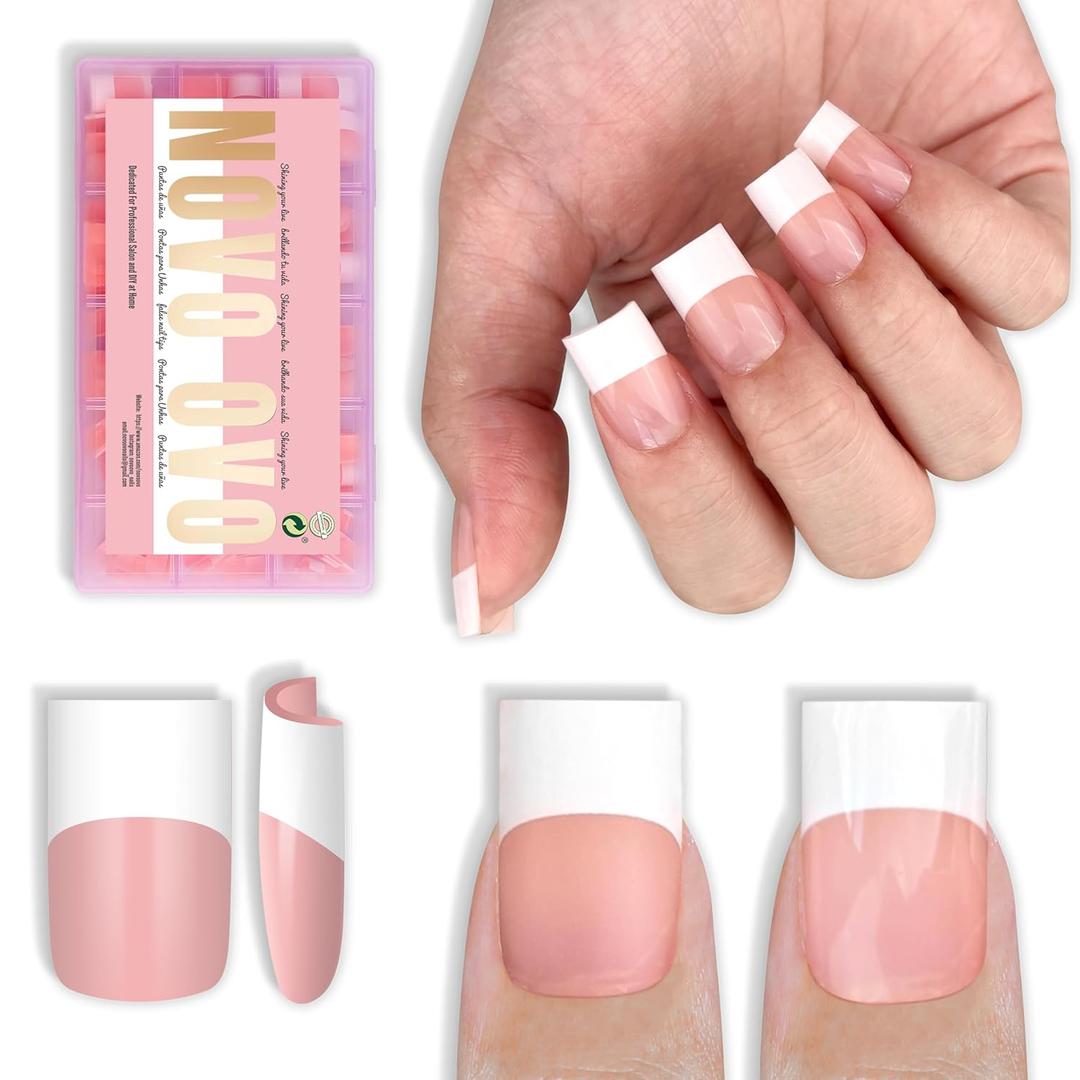 NOVO OVO Old School Wide White French Short Sharp Square Tip Nail Tips Press on BABY PINK, Need Builder Gel Top Coat Nail Glue, Soft Gel Full Cover Fake Nail Extension, for DIY x 15 Sizes 240 pcs