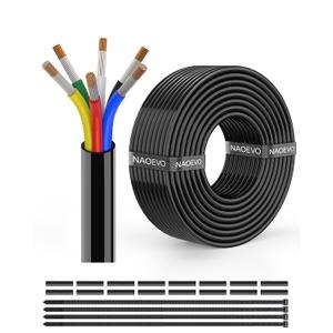 NAOEVO 16 Gauge Wire 6 Conductor Electrical Wire, 16 AWG Stranded PVC Cord, 12V Low Voltage/Tinned Copper/Flexible Cable for Automotive Wiring, Lamp Cord, Marine Cable (50FT) (6C-16AWG)