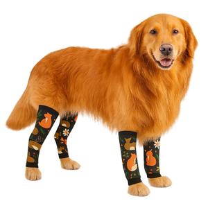 Petwarm Dog Recovery Leg Sleeves 4pcs Set Fox Forest Print  Cone-Free Joint Support Sleeves for Dogs, Anti-Lick Recovery Wraps for Medium & Large Dogs, Black Brown, L
